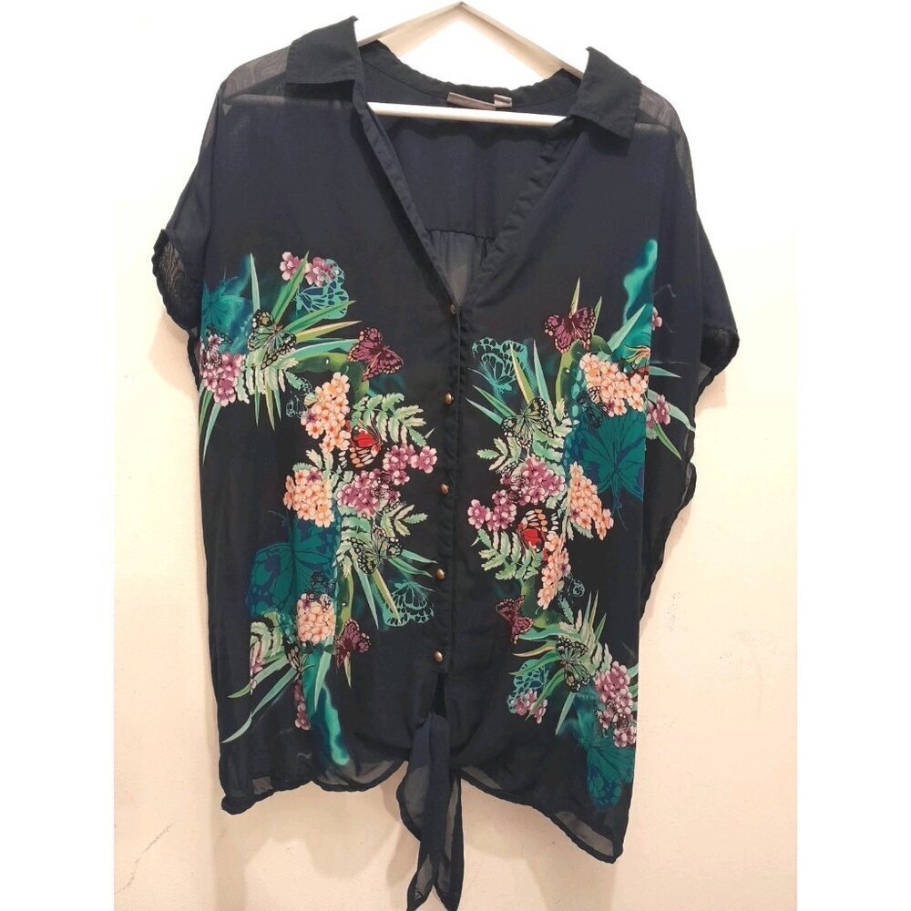 Roz Ali 2X Floral Sheer Lightweight Summer Casual Beachy Resort Blouse